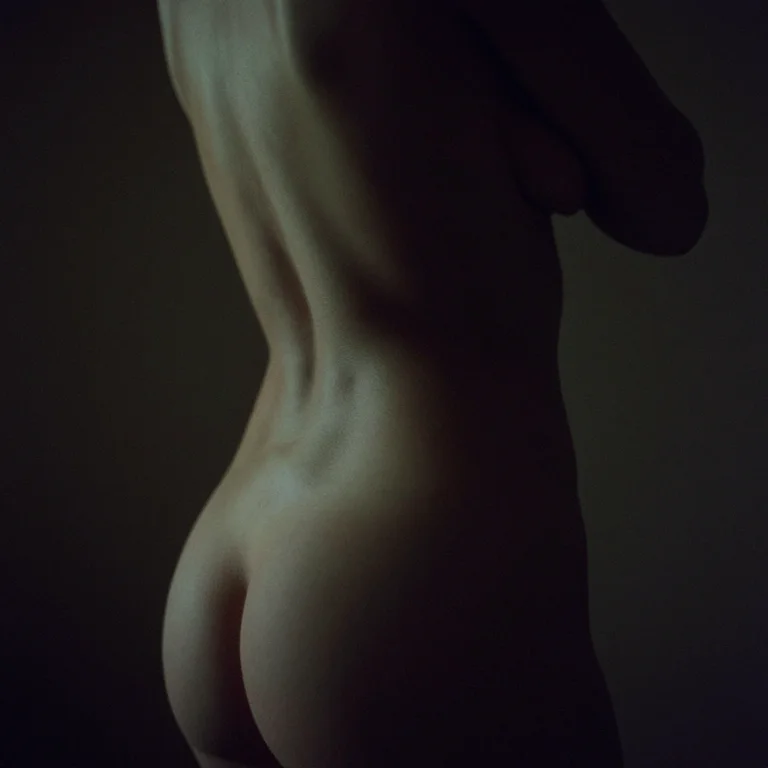 An AI figure study of an adult back and hip in muted green-brown shadow