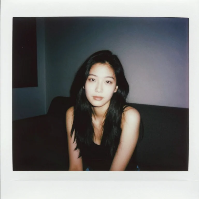 An AI portrait of a woman in a black sleeveless top, framed like an instant-film photograph