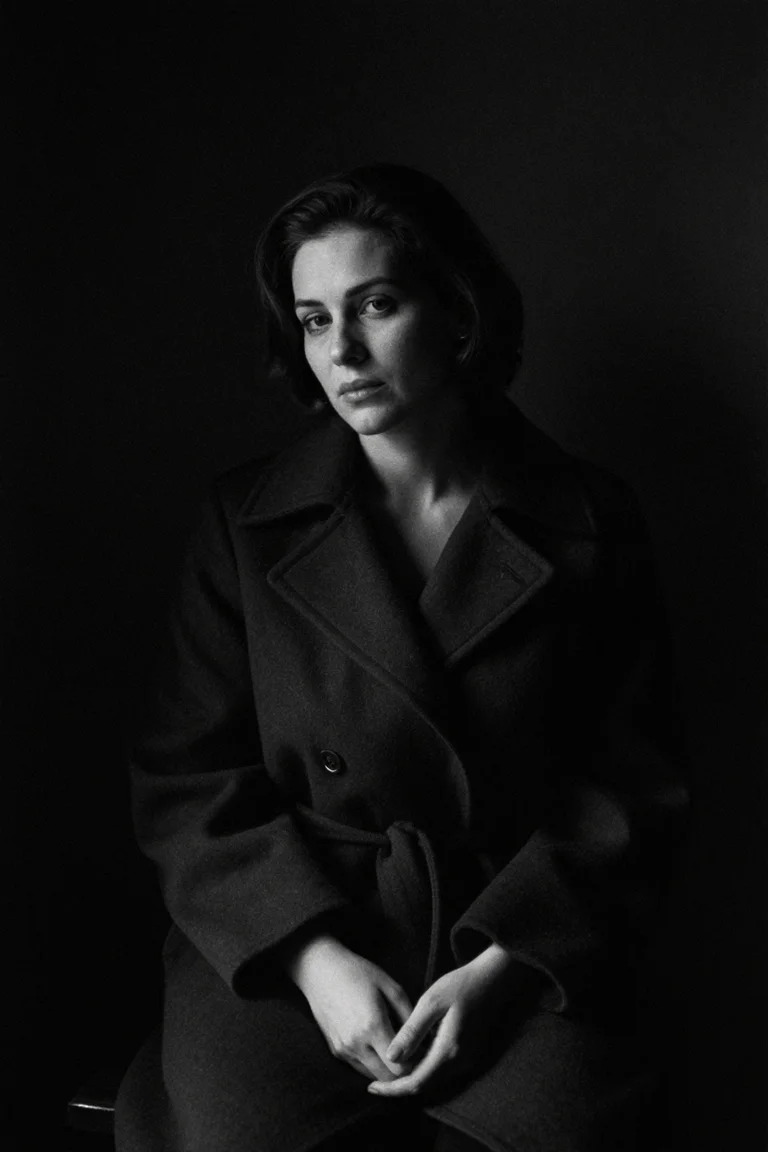Grainy black-and-white AI portrait of an adult woman in a dark coat with light on her face and hands.