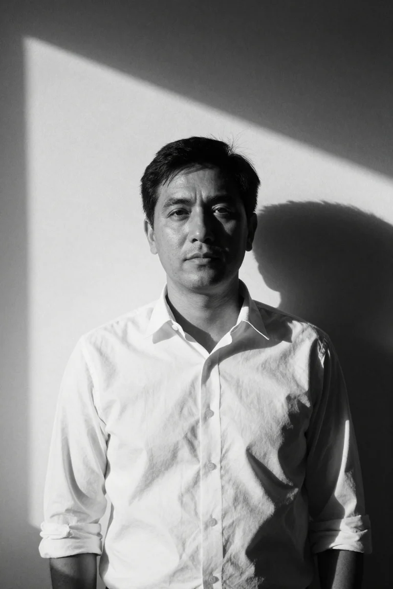 Black-and-white AI portrait of an adult man in a white shirt by a plaster wall, cut by hard sunlight.