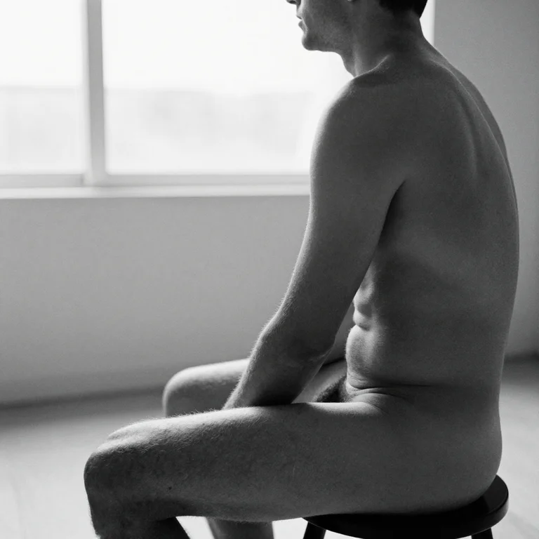 High-key black-and-white AI study of an adult man's bare shoulders and torso by a window.