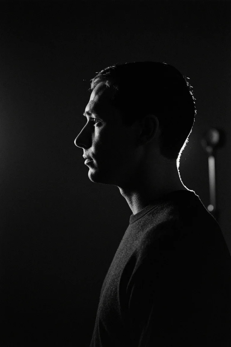 Black-and-white AI profile portrait of an adult man with a thin bright edge behind his head and shoulder.