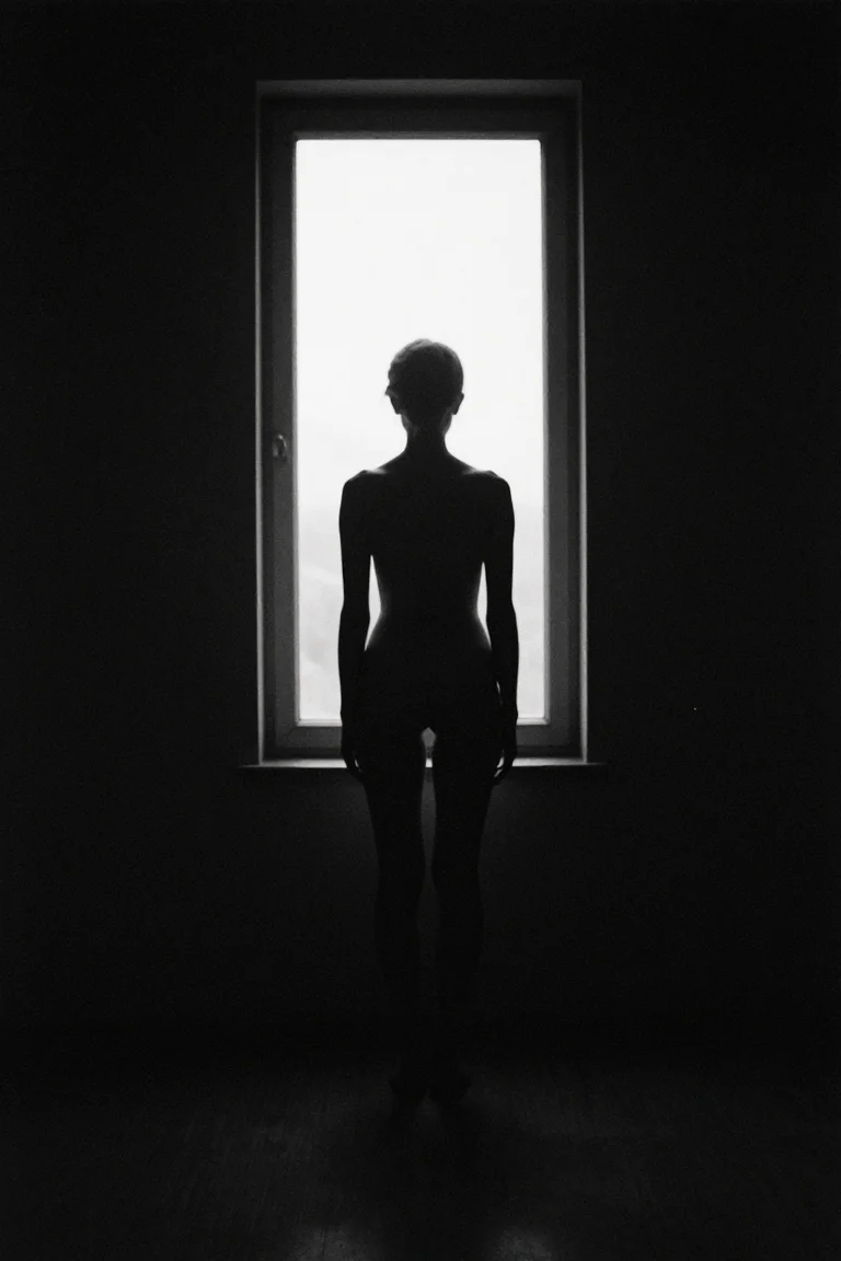 Black-and-white AI full-length study of an adult woman silhouetted against a bright window.