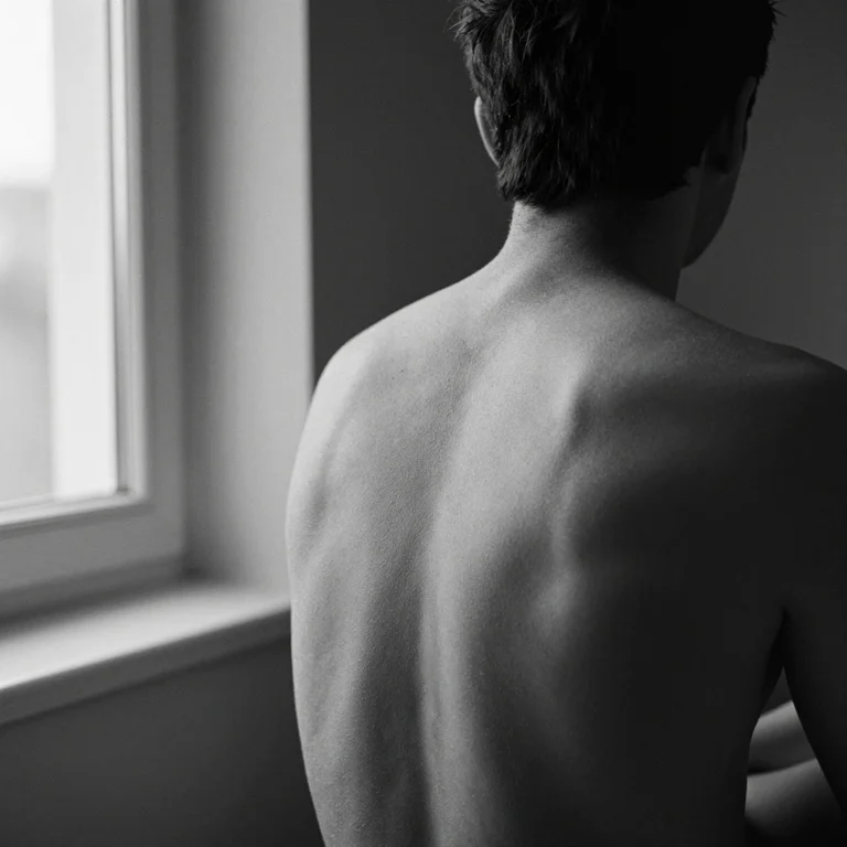 Black-and-white AI study of an adult man's upper back beside a window, with soft light across his shoulders.