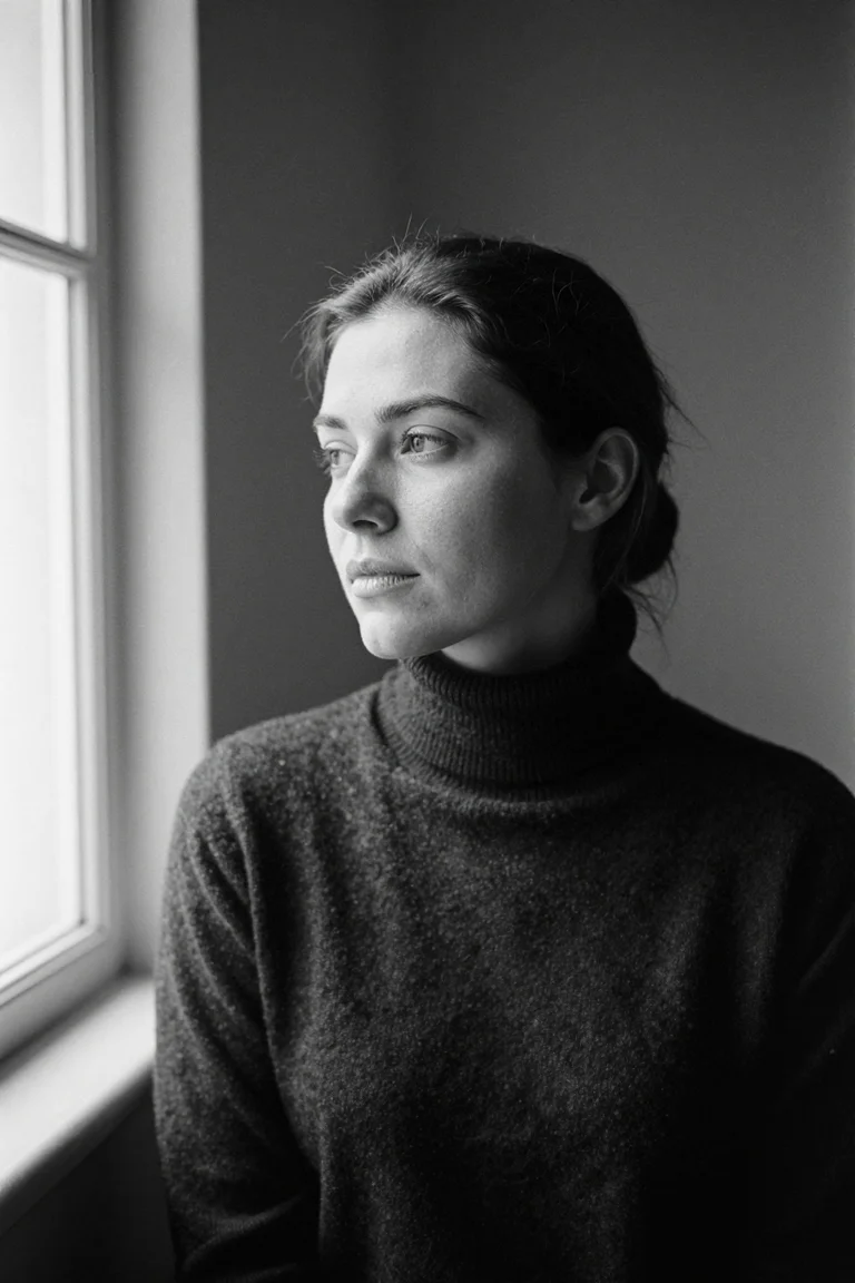 Black-and-white Figureloom portrait of an adult woman beside a window.